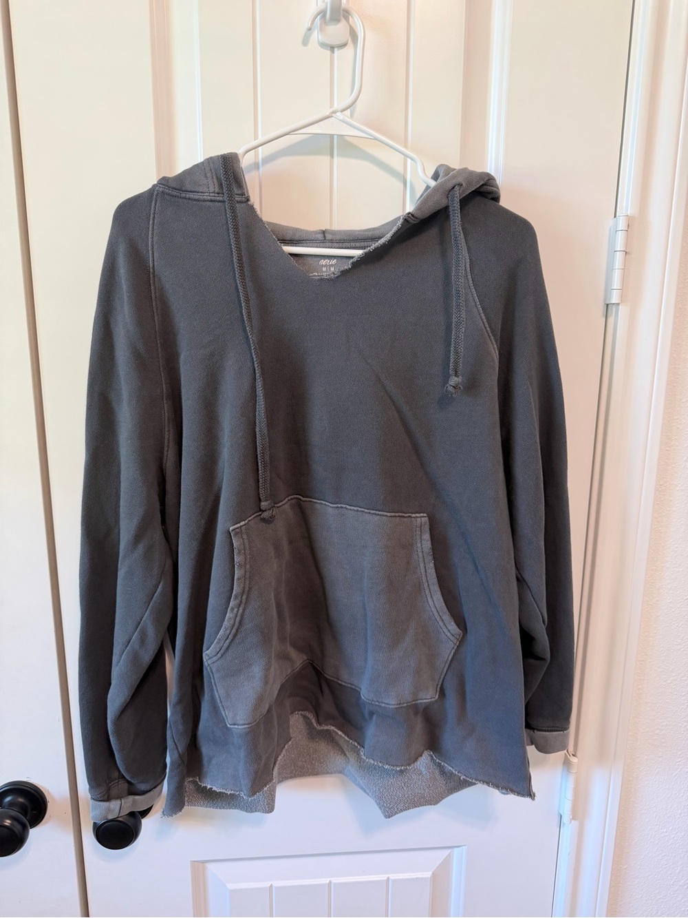 Aerie M Oversized Distressed Washed Gray Hoodie Raw Hem